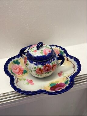 Vintage Nippon sugar bowl and matching plate, hand-painted porcelain stamp Japan